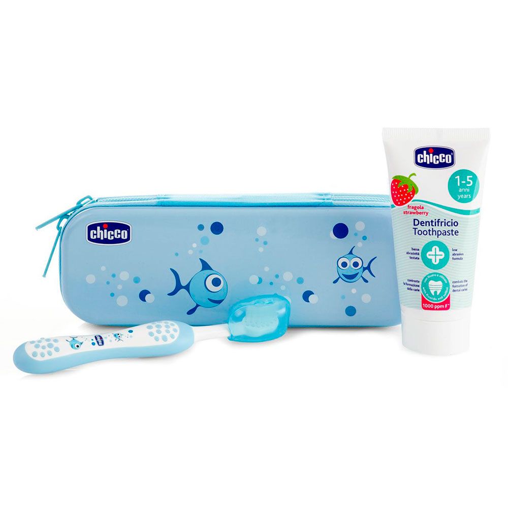 Set De Higiene Oral Chicco Cepillo Dental 12m Celeste