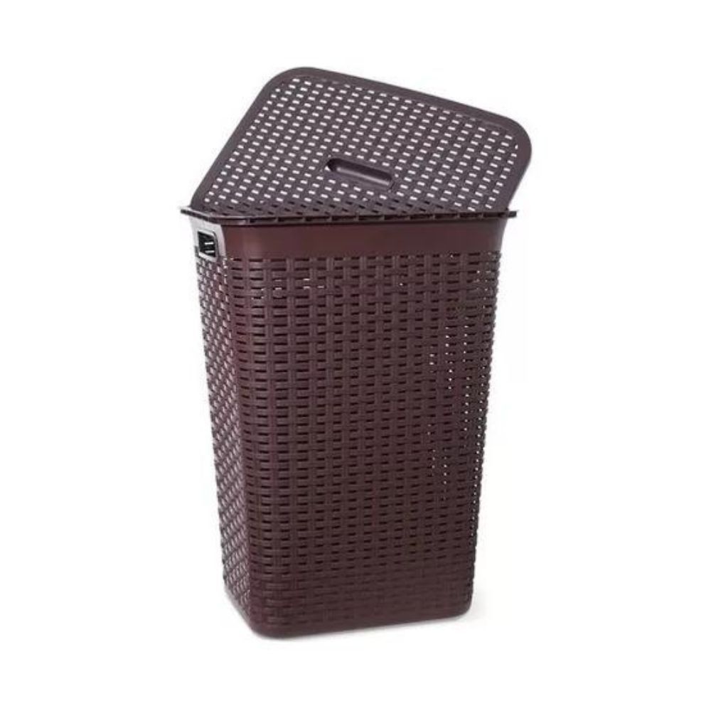 Canasto Cesto Simil Rattan Alto C/tapa Para Ropa Sucia Marron