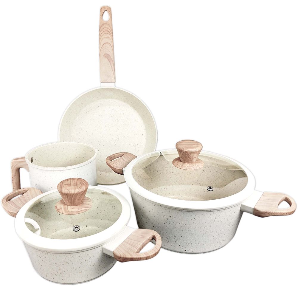 Set Olla Cacerola Sarten Jarro Carol Granito Crema Antiadherente Induccion
