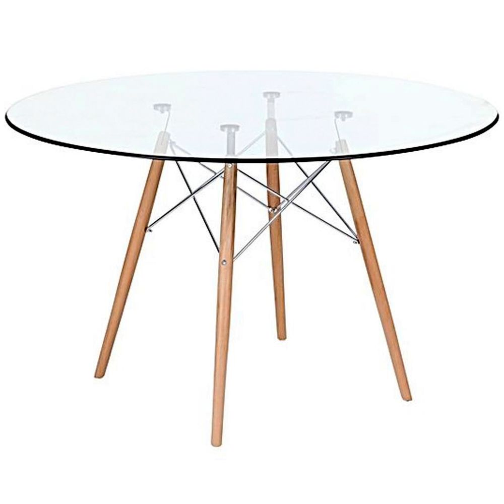 Mesa Eames Redonda de Vidrio Patas de Madera 90 Cm