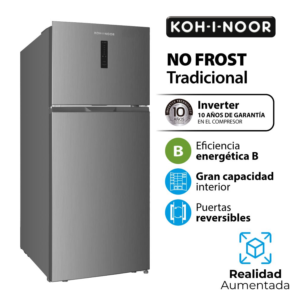 Heladera KOH-I-NOOR con Freezer Arriba NO FROST Tradicional Inverter 571L.