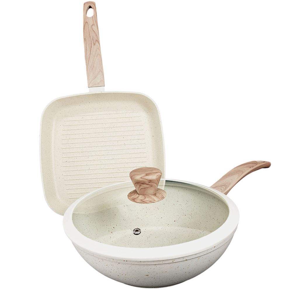 Set Bifera Wok Carol Granito Crema Antiadherente Induccion