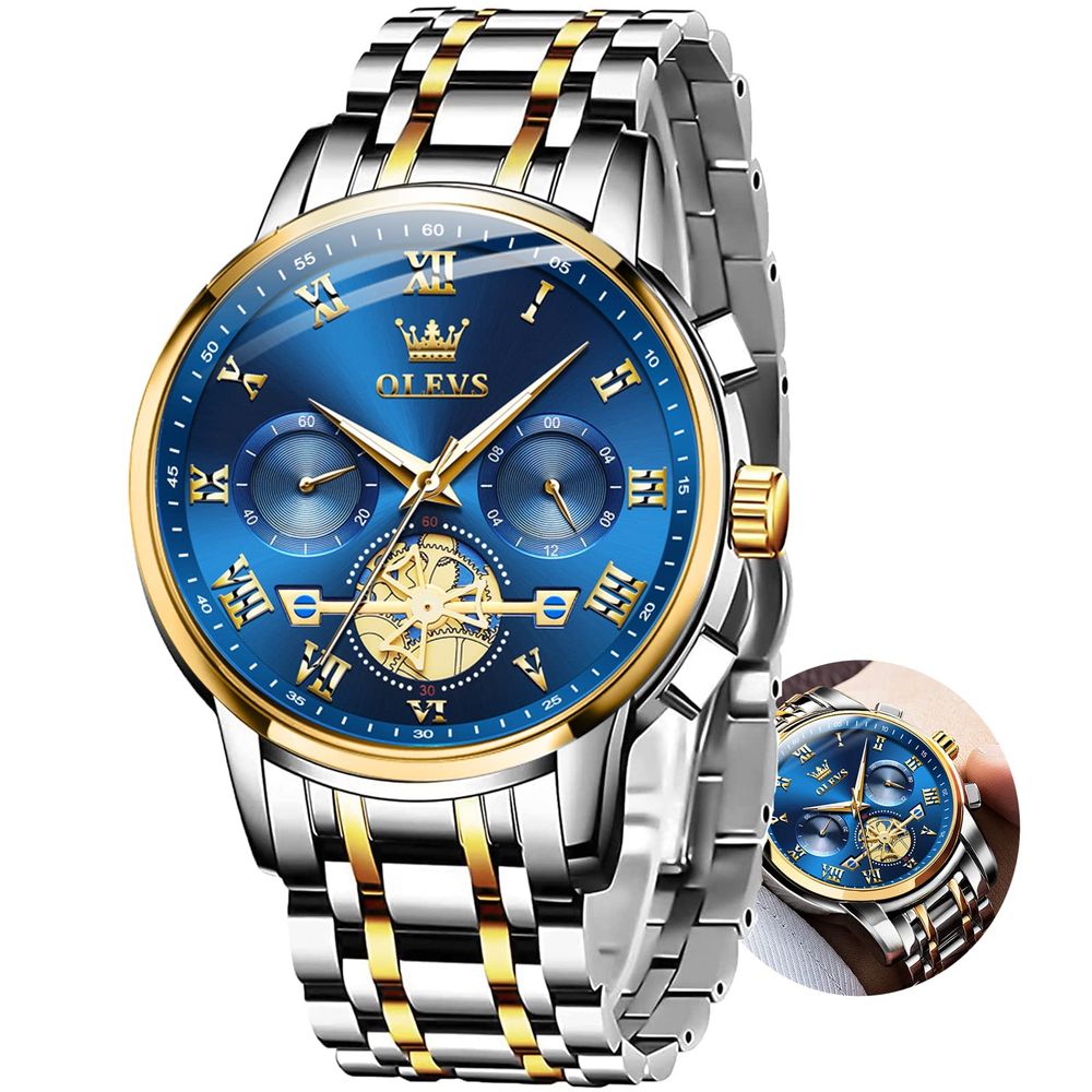Reloj OLEVS Chronograph en dos tonos, dorado y azul para hombre, 41 mm