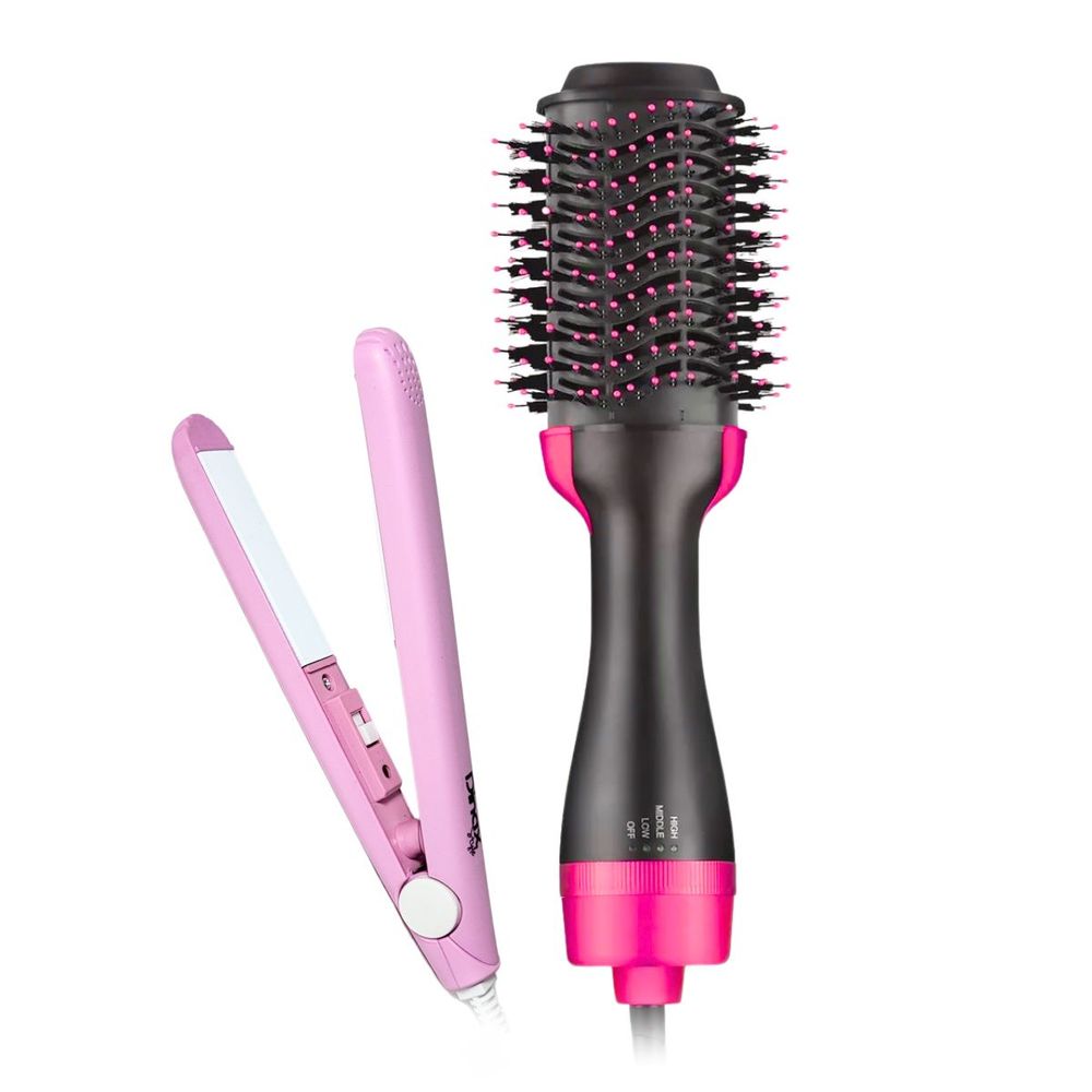 Cepillo Secador Moldeador Eléctrico Y Planchita Para Cabello Rosa
