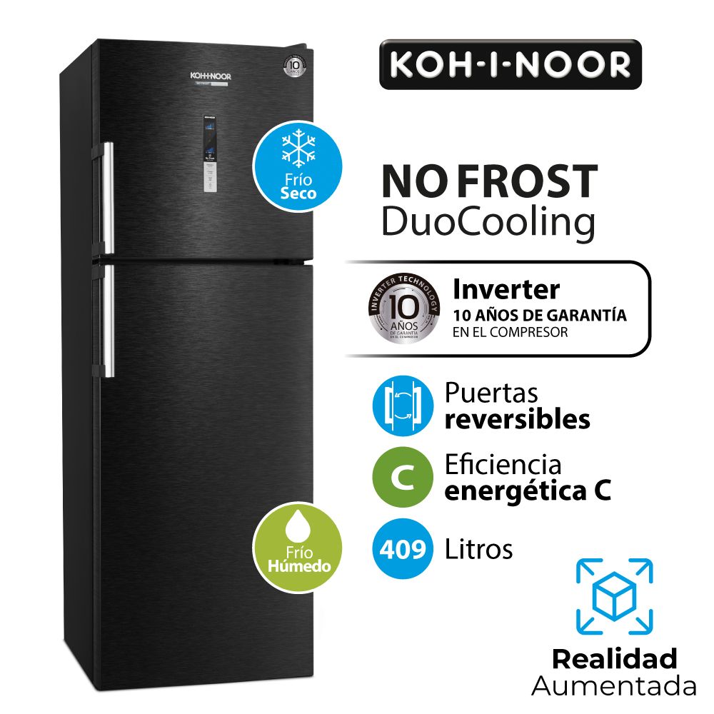 Heladera KOH-I-NOOR NO FROST DuoCooling Inverter. 409L. Black Steel. Puertas Reversibles. KHDF42DI/9