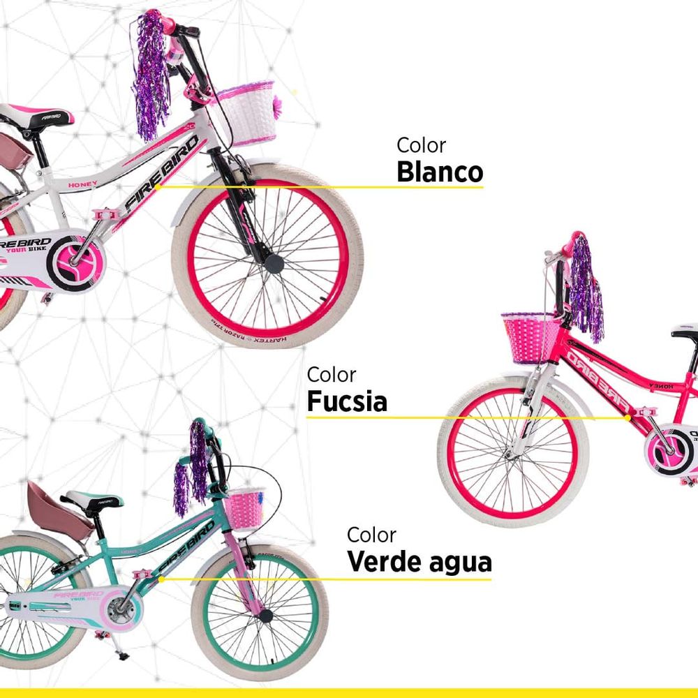 BICICLETA R20 ACERO HONEY FIREBIRD V-BRAKE BLANCA