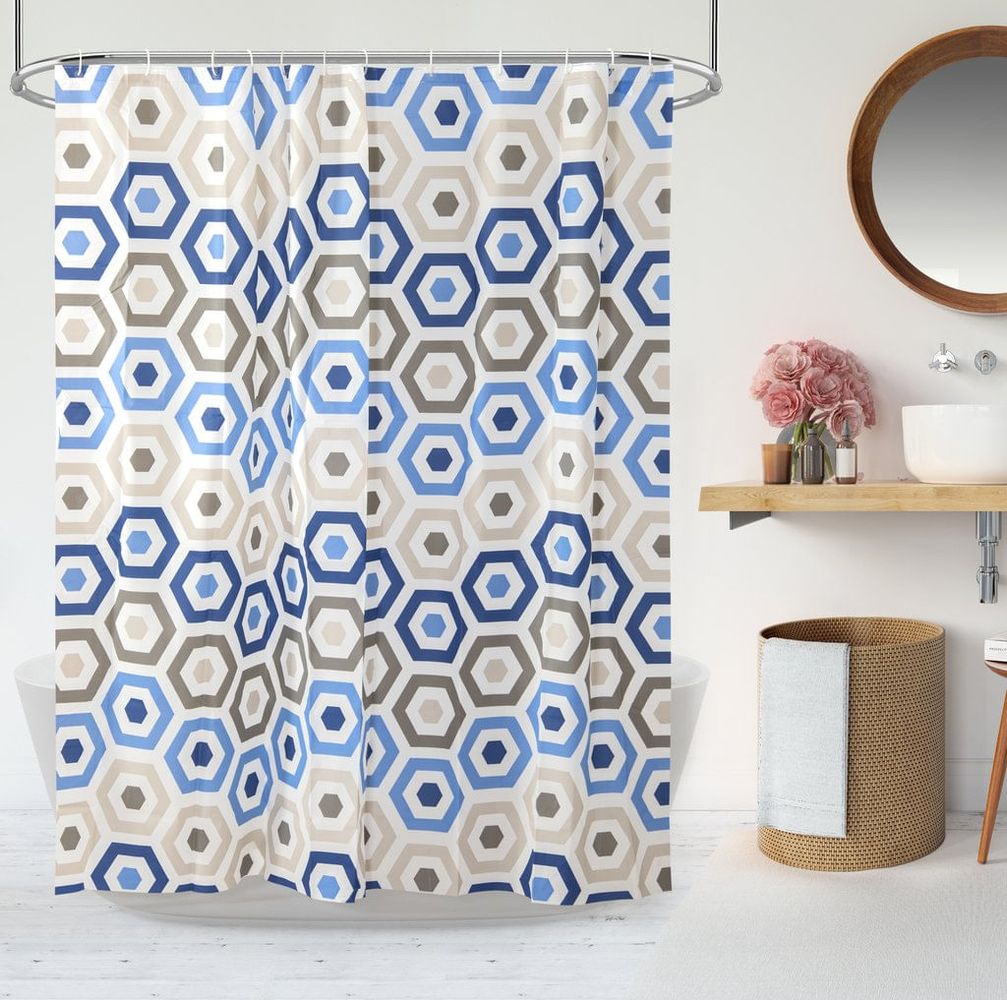 Cortina De Baño Estampada C Ganchos Geo Azul 1 80x1 80