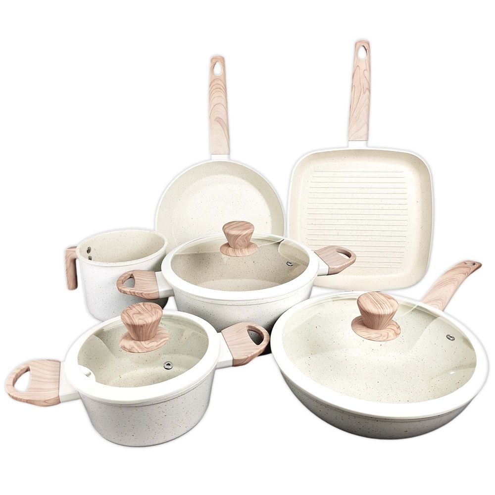 Set Olla Cacerola Sarten Jarro Bifera Wok Carol Granito Crema