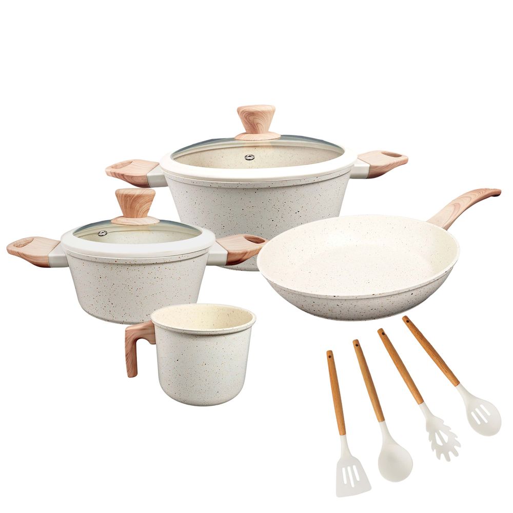 Set Olla Cacerola Sarten Jarro Utensilios Carol Granito Crema