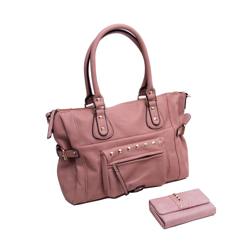 Combo cartera bolsillo con tachas rosa y billetera rosa