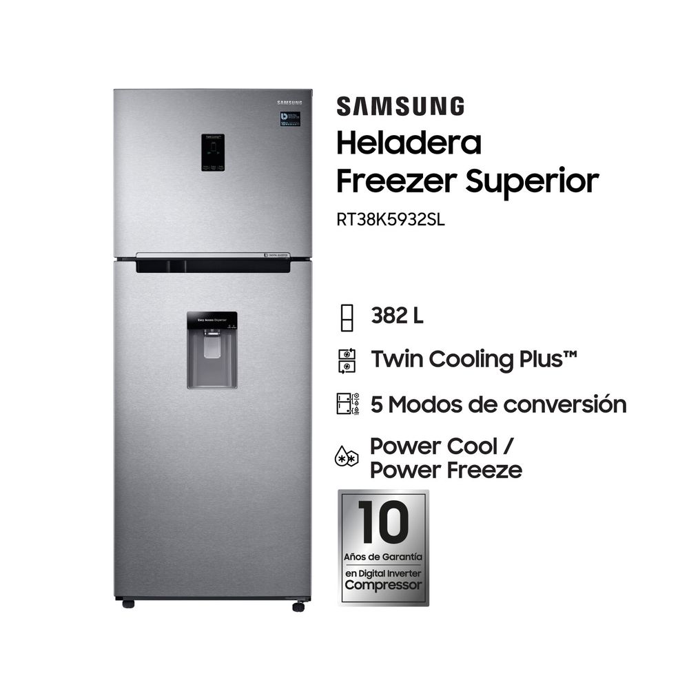 Heladera Samsung No Frost 396lts Inverter con dispenser silver gtia 12m.