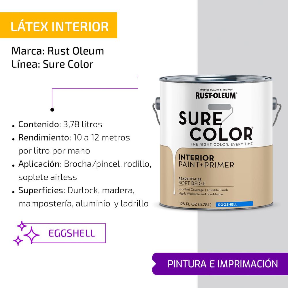 Látex Lavable Interior Rust Oleum Beige Suave Eggshell 3,78L