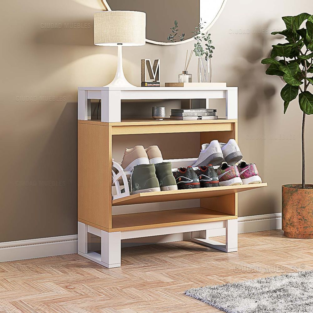 Recibidor Zapatero, Mueble Organizador 70cm. Modelo Bobardi Haya y Blanco