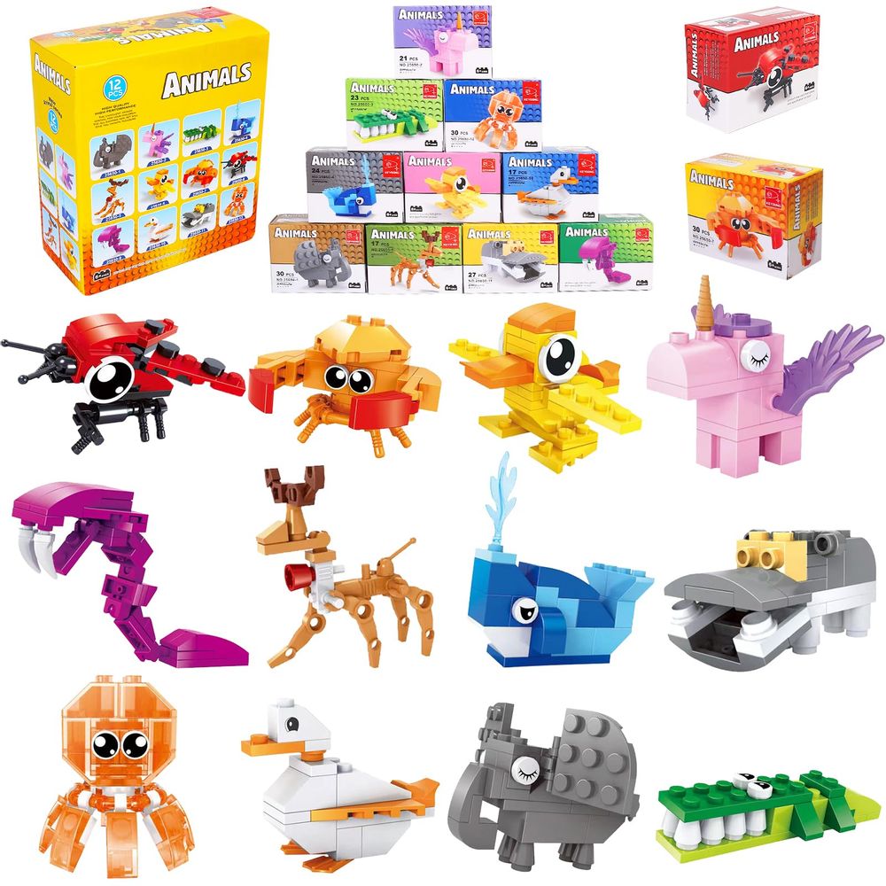 Jellydog Toy Mini Building Blocks Animals,Party Favors For Kids,12 In 1 Stem Toys Building Sets, Assorted Mini Animals Building