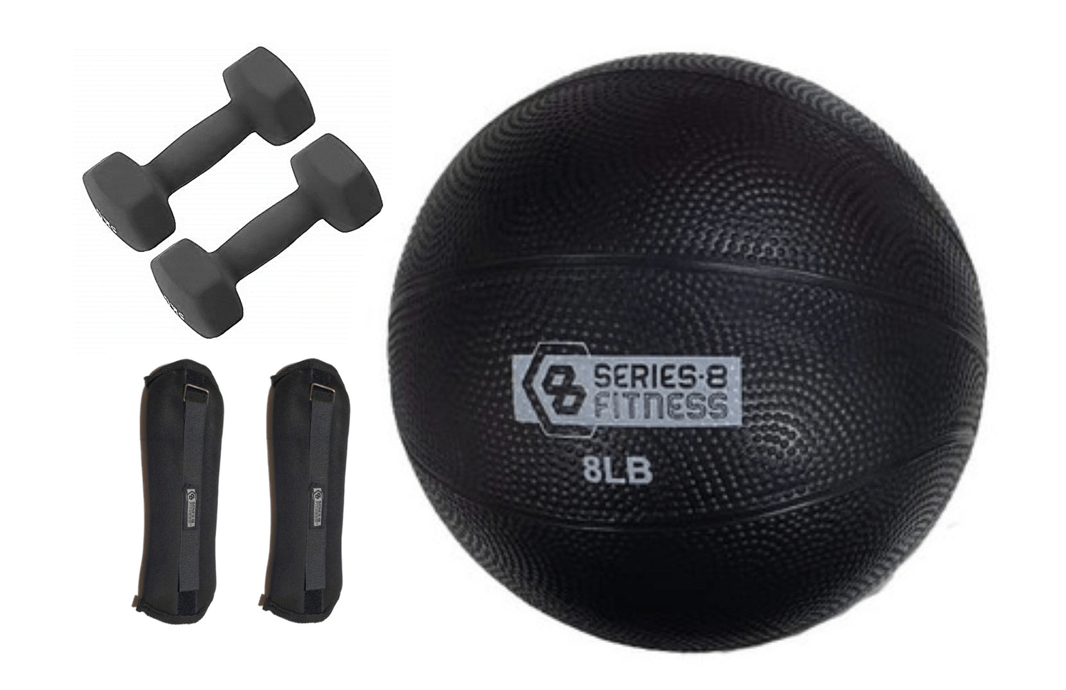 Kit Combo Set De Entrenamiento Medicine Ball + 2 Mancuernas + 2 Tobilleras