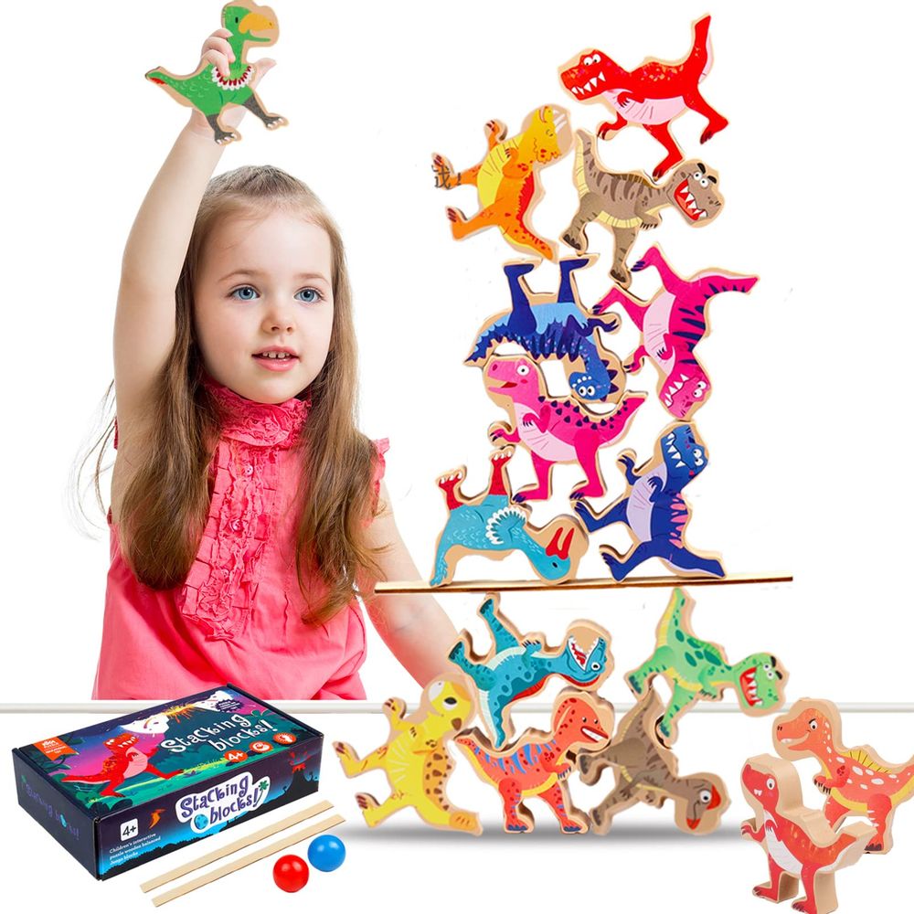 Juguetes De Madera Dinosaurios Para Niños | 6 Cubos Apilables + 6 Dinosaurios + 6 Trenes Magnéticos | Aprender Números Y Colores