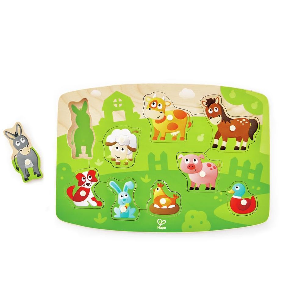 Hape Farmyard Peg Puzzle | 10 Piece Wooden Animal Peg Jigsaw Puzzle ...