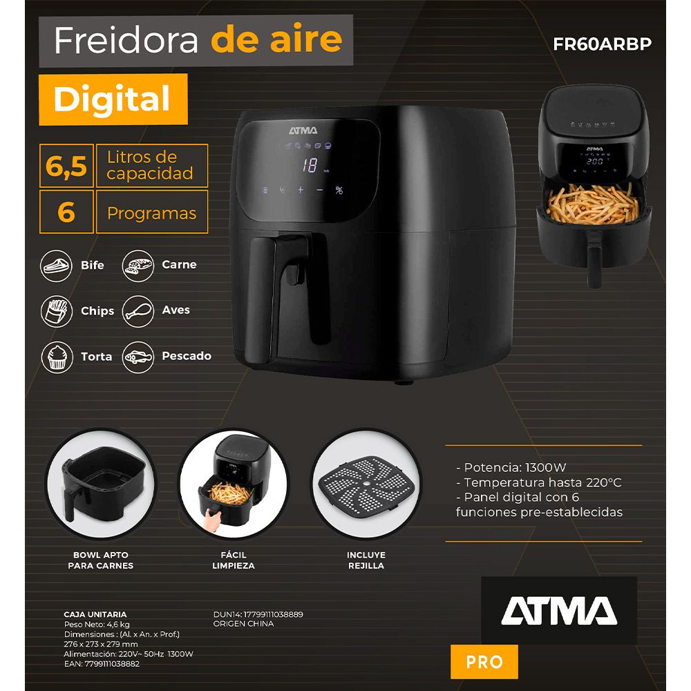 Freidora De Aire Atma Digital Negra Fr Arbp Lts