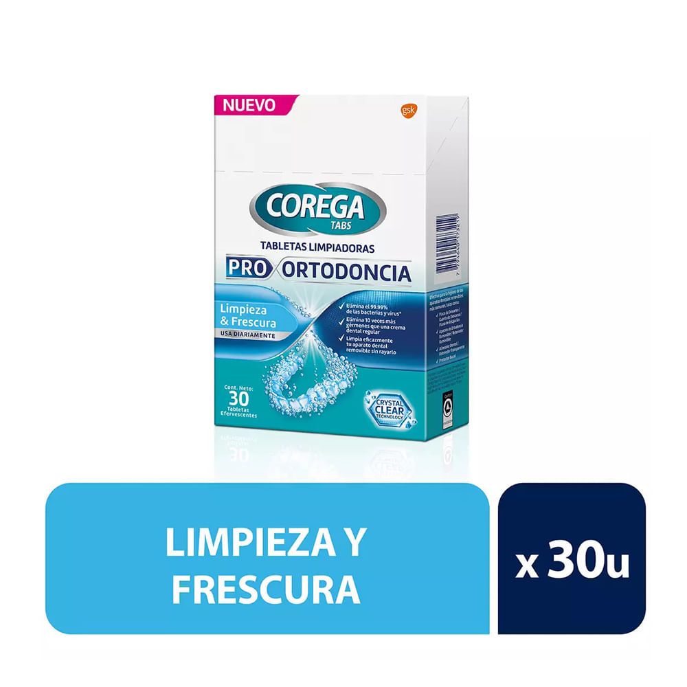 Tabletas Limpiadoras Corega Tabs Pro Ortodoncia 30 Tabletas