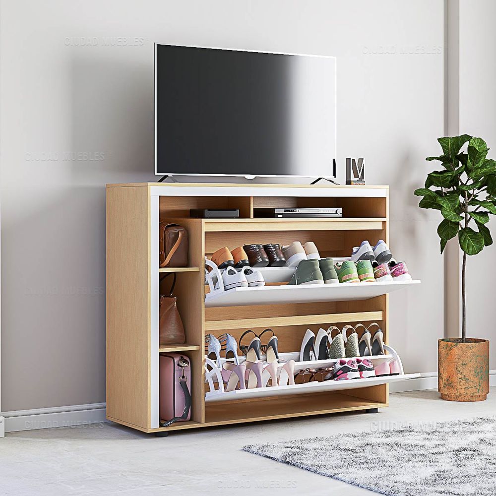 Mueble Zapatero Modelo Meier 130 Cm De Ancho Haya y Blanco