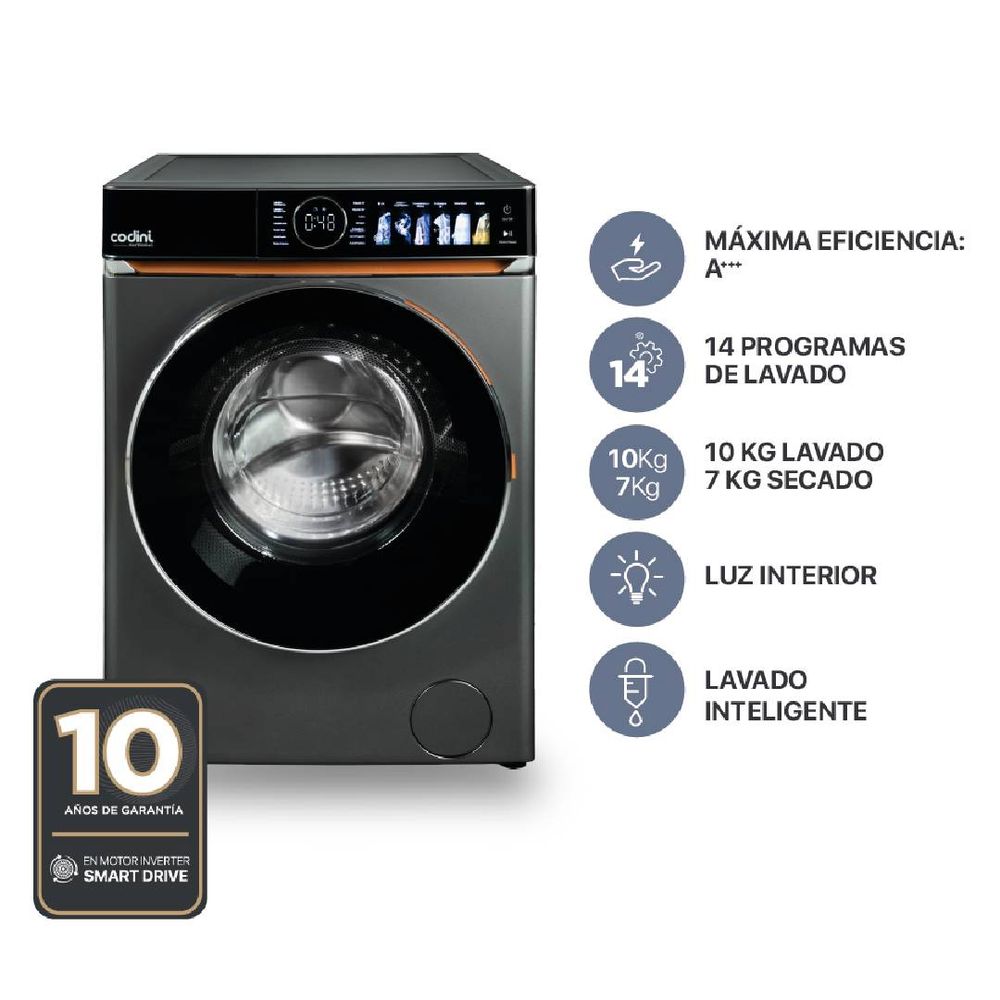 Lavasecarropas Codini 10KG Carga Frontal Gris