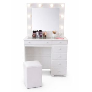 Maquillador Tocador con Espejo Hollywood 90cm Escritorio Dormitorio (Blanco) + Puff Baulero de regalo