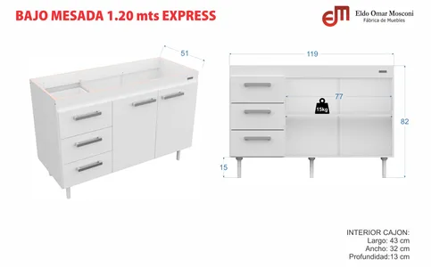 Bajo Mesada Sin Bacha Mueble Cocina Mosconi Express 1.20 Mts Blanco frente  Carvalho Mezzo