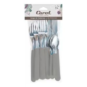 Cubiertos Set X16 Carol Fusión Cuchillo Tenedor Mango Gris