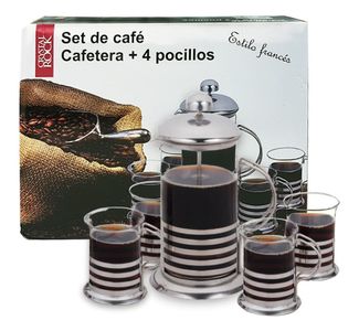 Juego Set Cafetera 600ml C/Embolo + 4 Pocillos Acero Vidrio