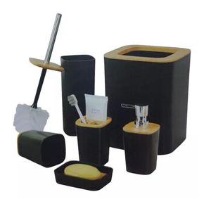 Set Baño X 6 Cesto Dispenser Jabonera Vaso Escobilla Negro