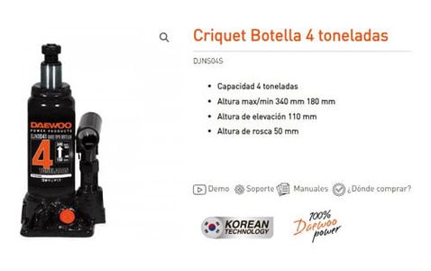 Crique Botella Gato Daewoo Djns04s 4 Toneladas Reforzado 4ton Hidraulico