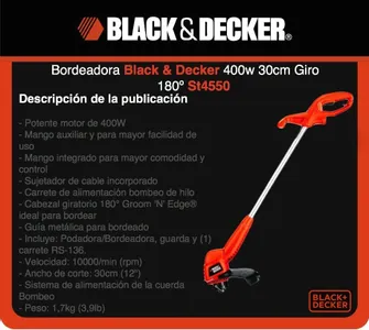 Bordeadora podadora Eléctrica 400w Black & Decker St4550-ar