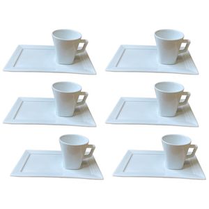 Set x6 tazas de té 200 cc con plato rectangular de porcelana blanca