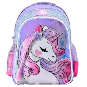 Mochila Espalda 18'' Unicornio Trenza Con Luz Led Lila Footy