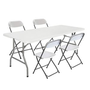 Mesa Plástica 1.80cm + 4 Sillas Plegables Patas Acero