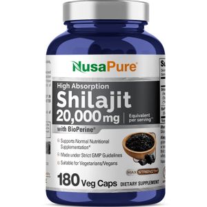Suplemento NusaPure Shilajit de 20,000 mg, 180 cápsulas vegetarianas