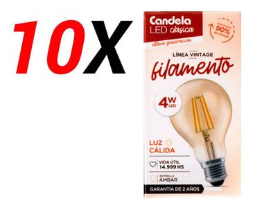 Pack X10 Lámparas Led Candela Filamento Clásica 4w Ambar