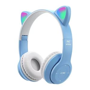 Auricular Inalambrico Bluetooth Orejas Gato Luz Led Regalo Celeste