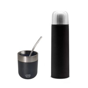 Mate Termico Negro Doble Capa + Bombilla + Termo Bala Negro