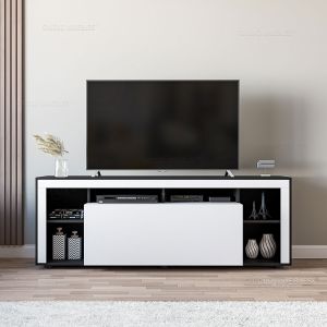 Mesa Mueble de Tv LCD 160 cm Puerta Batiente Negro y Blanco