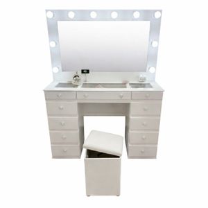 Maquillador Tocador con Espejo Hollywood 11 Cajones 1.20m Escritorio Dormitorio (Blanco) + Puff Baulero de regalo 
