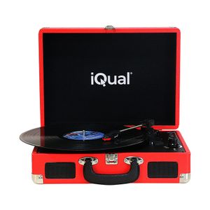 Tocadiscos Portatil Bluetooth Iqual Bum Vinilo Vintage Usb Rojo