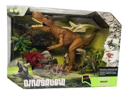 Set De Dinosaurios Con T-rex Mediano Luz Y Sonido