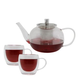 Set Tetera Vidrio con Infusor + 2 Tazas Térmicas Vidrio Doble