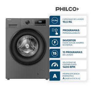 Lavarropas Automático Carga Frontal Inverter Philco 10,5 Kg 1400 RPM PHLF1054DGN