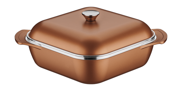 Cacerola Cuadrada Lyon de Aluminio Forjado con Revestimiento Interno Antiadherente Starflon High Performance con tapa Dorado 28 cm y 5,5 L