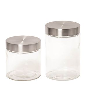 Set x2 frascos de 15 y 19 cm de vidrio con tapa a rosca color acero