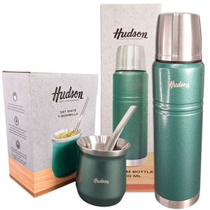 Set 3 piezas Hudson Termo 1Lts Acero Verde + Mate Vaso Verde con Bombilla TER1000V - MVS03