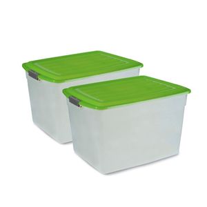2 Cajas Organizadoras 42lts Apilable Plastica Transparente/Verde - Colombraro