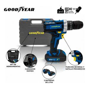 Taladro Percutor Inalambrico C/ Maletin Goodyear 21v 13mm + 2 Baterias Li-ion 1.5Ah + Accesorios